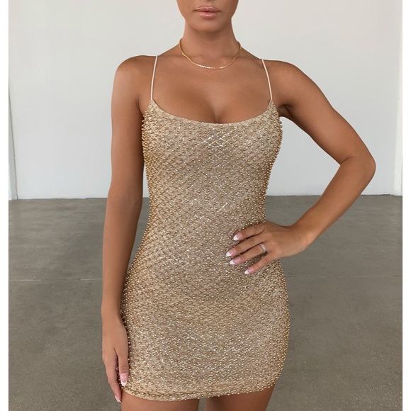 DROP A GLINT EMBELLISHED MINI DRESS IN GOLD - Picture 3 of 8